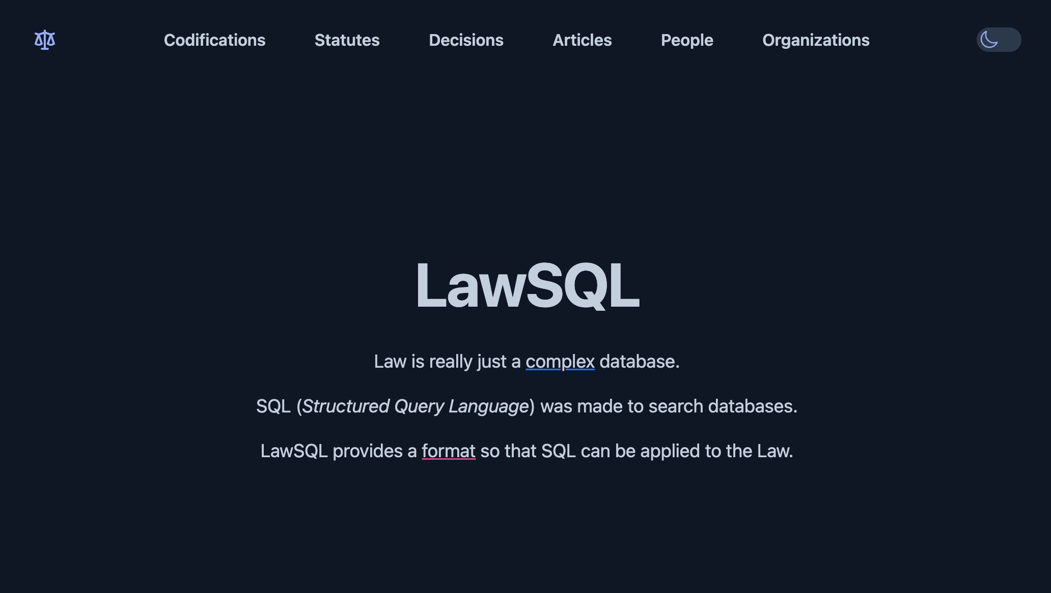 Screenshot of LawSQL homepage